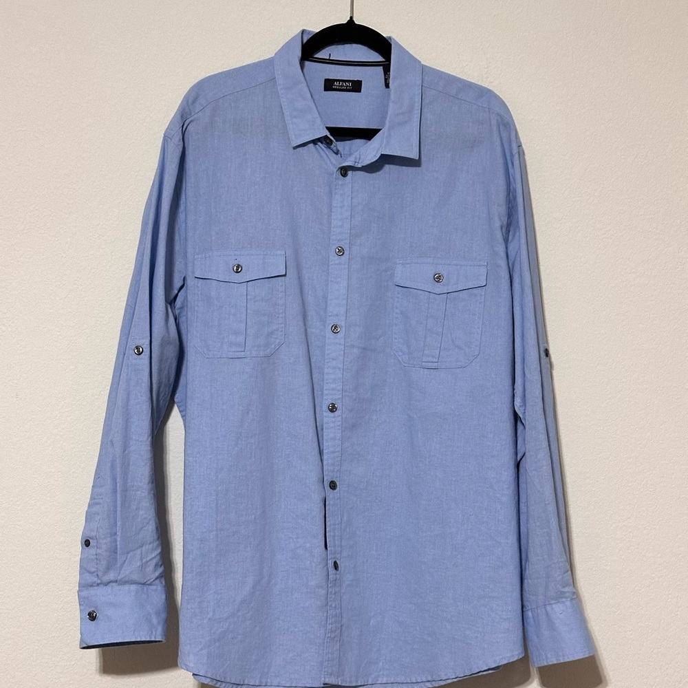 Alfani‎ Light Blue Men’s Casual Button Down Shirt Linen Cotton Size XXL
